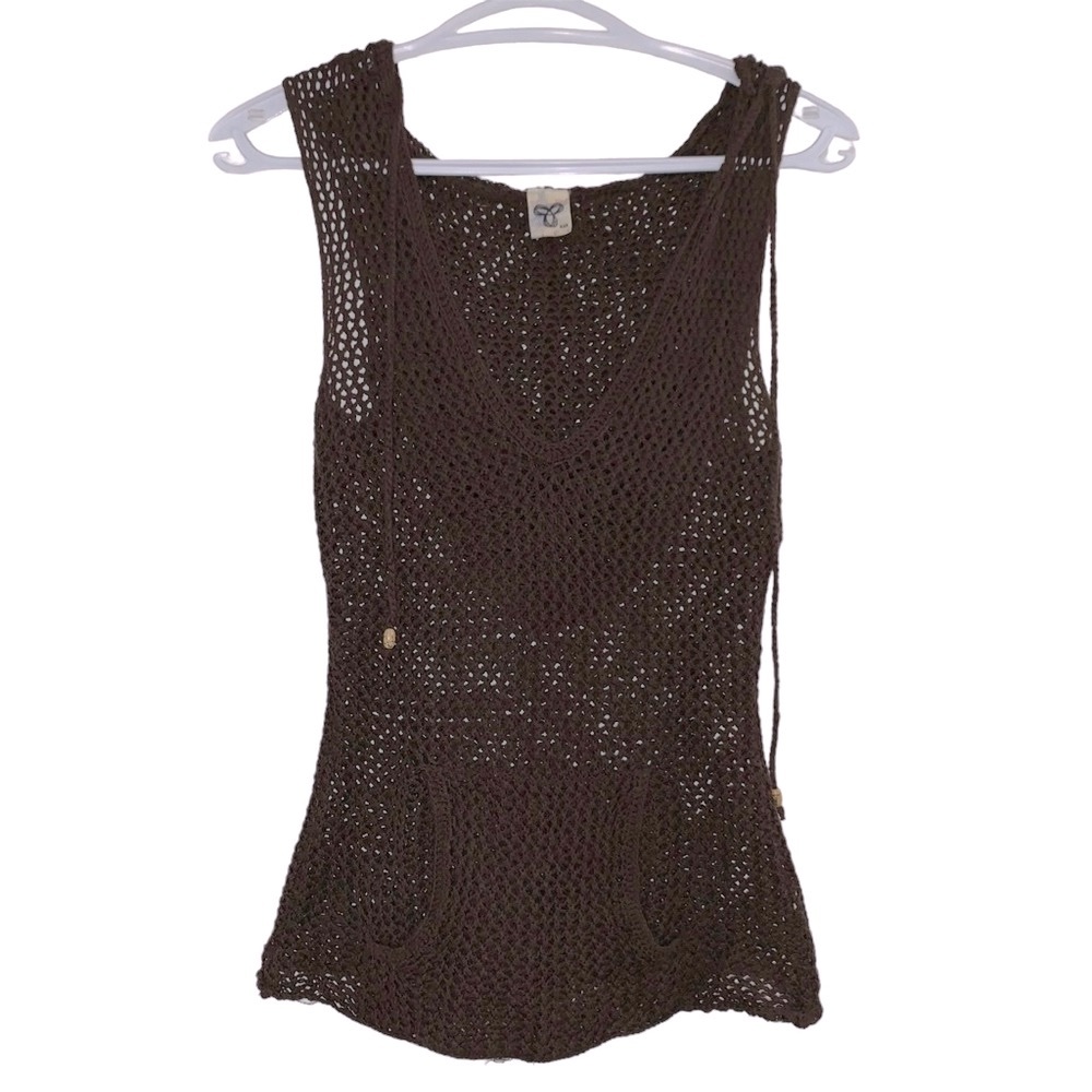 TNA Cotton Crochet Hooded Sleeveless Top Knit See through